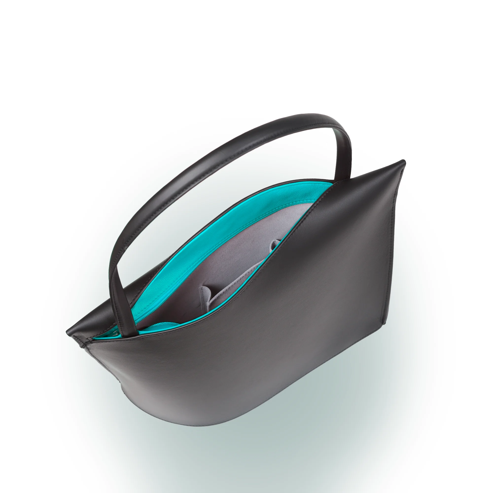Olbrish Handtasche Wave, Nappaleder Schwarz-Türkis, Größe L, Innenleben