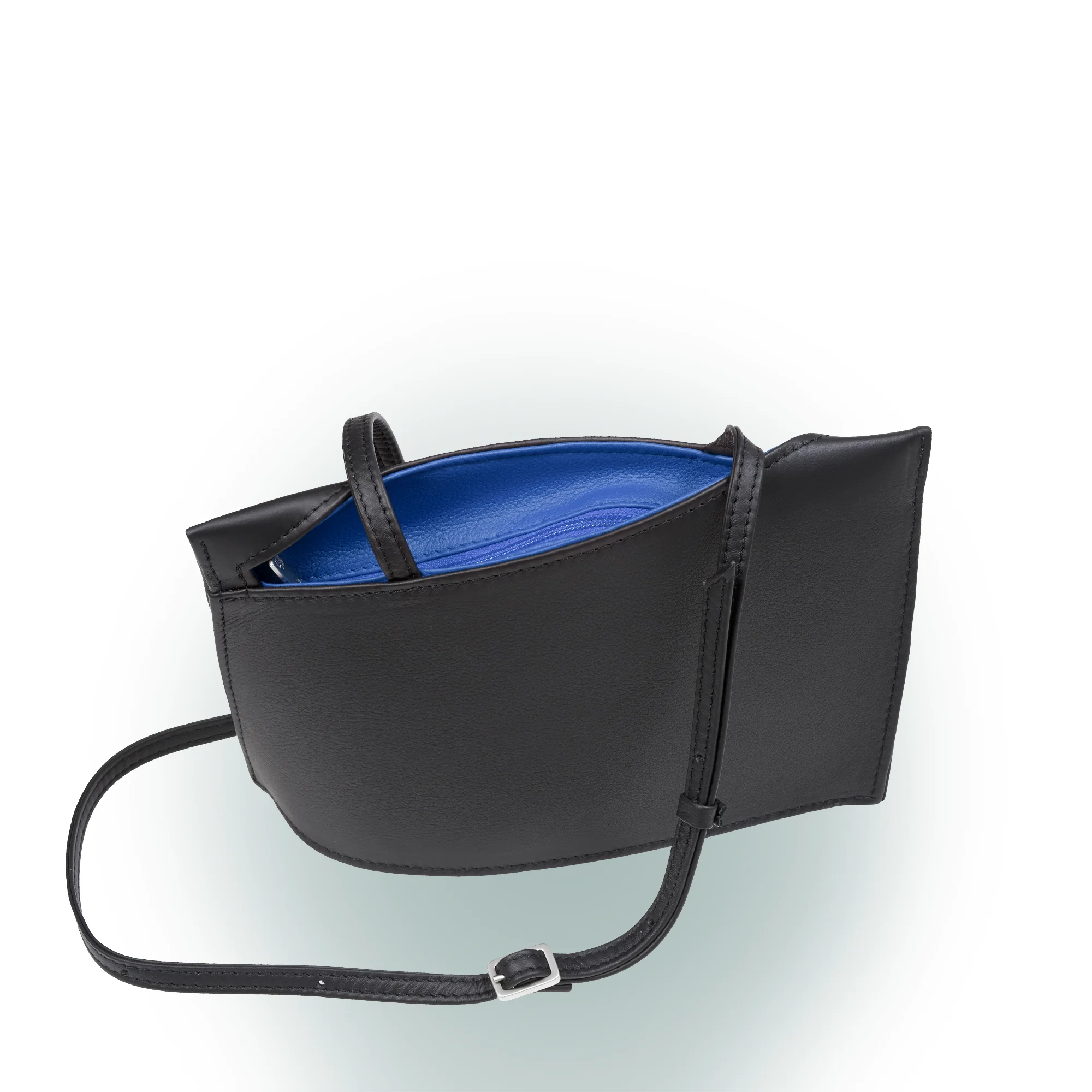 Olbrish Handtasche Wave, Nappaleder Schwarz-Azurblau, Größe S, Vorderwand mit Trageriemen