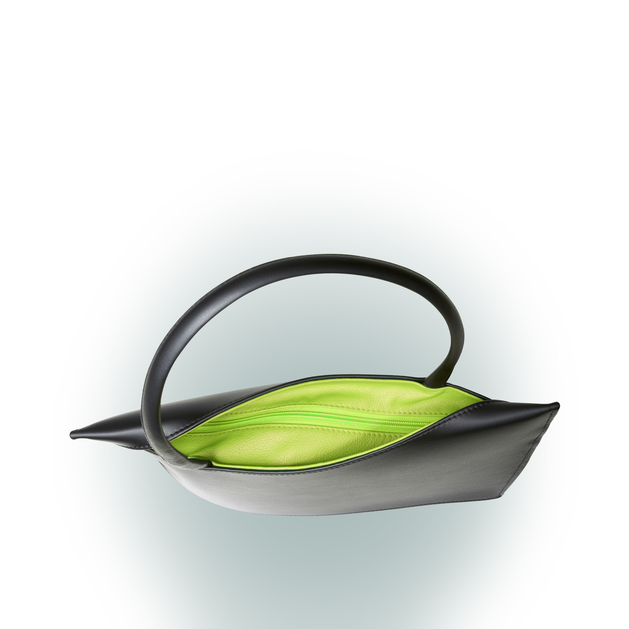 Olbrish Handtasche Wave, Nappaleder Schwarz-Apfelgrün, Größe M, Detailansicht Reißverschluss