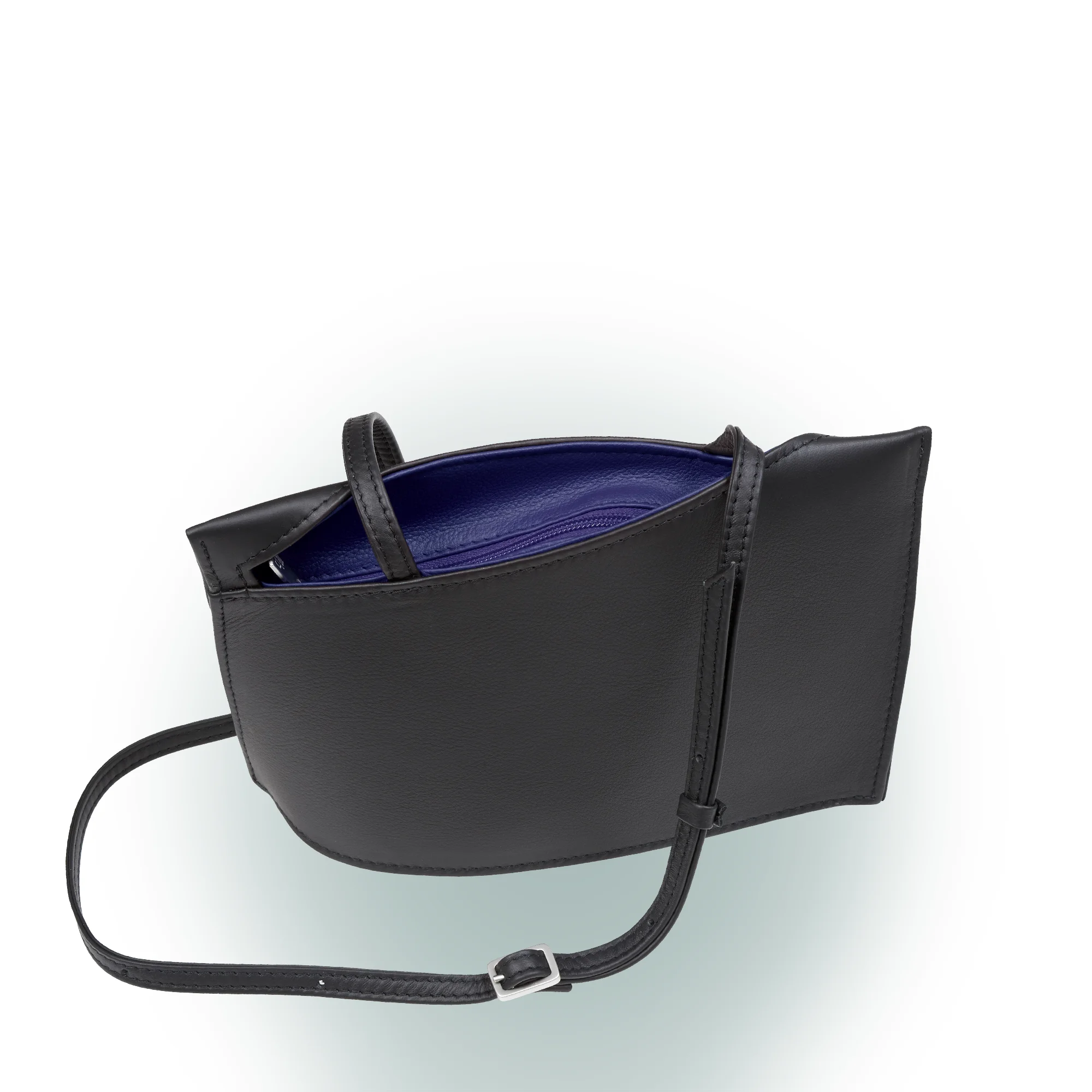 Olbrish Handtasche Wave, Nappaleder Schwarz-Royalblau, Größe S, Vorderwand mit Trageriemen
