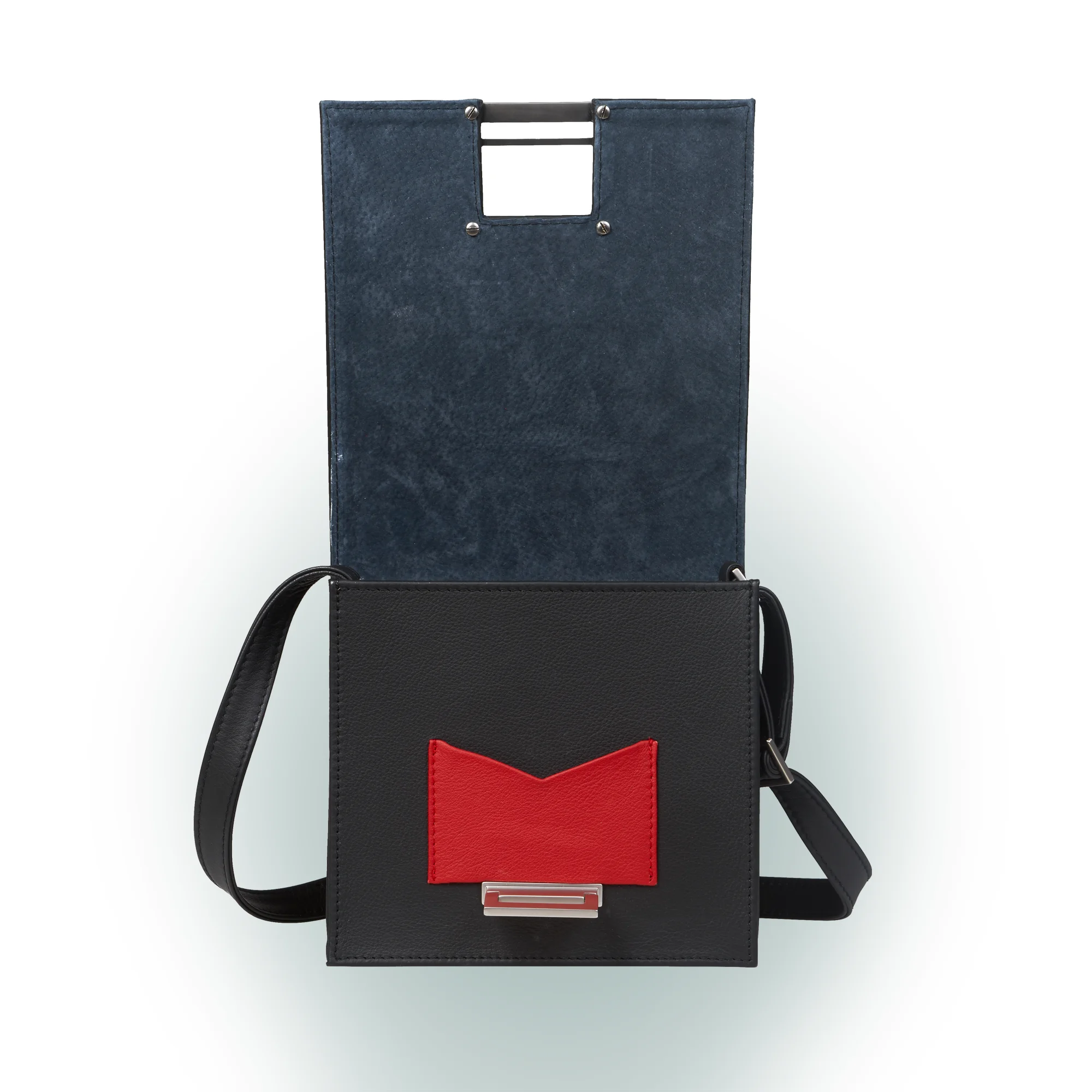 Olbrish Handtasche Square, Nappaleder Schwarz-Rot, Offene Ansicht