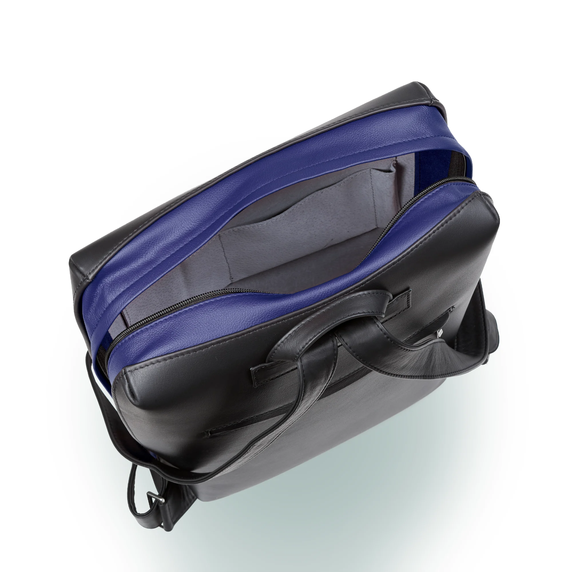 Olbrish Rucksack Jetback, Nappaleder Schwarz-Royalblau, Größe M, Innenleben von hinten