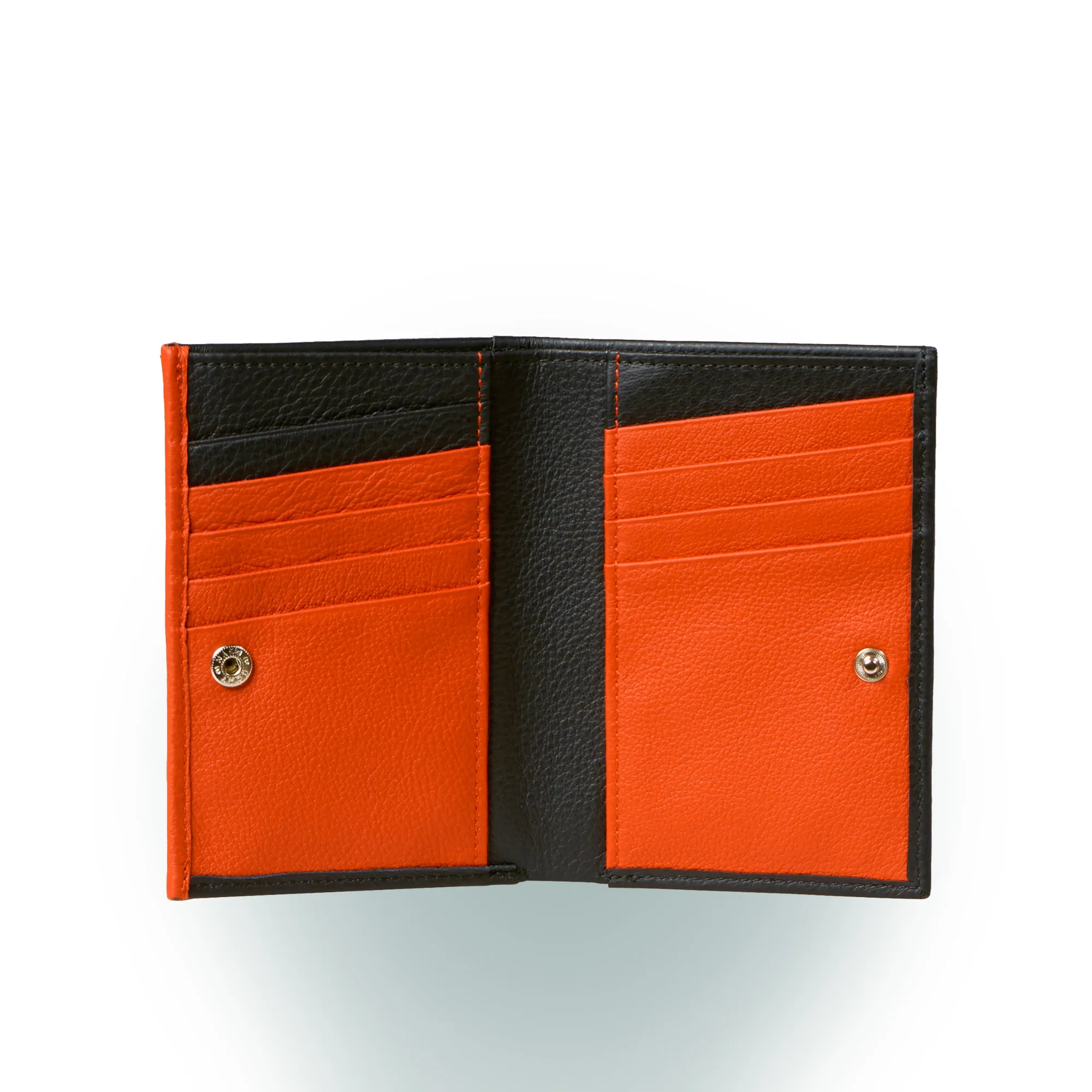 Olbrish Portemonnaie Journal, Nappaleder Schwarz-Orange, Offene Ansicht