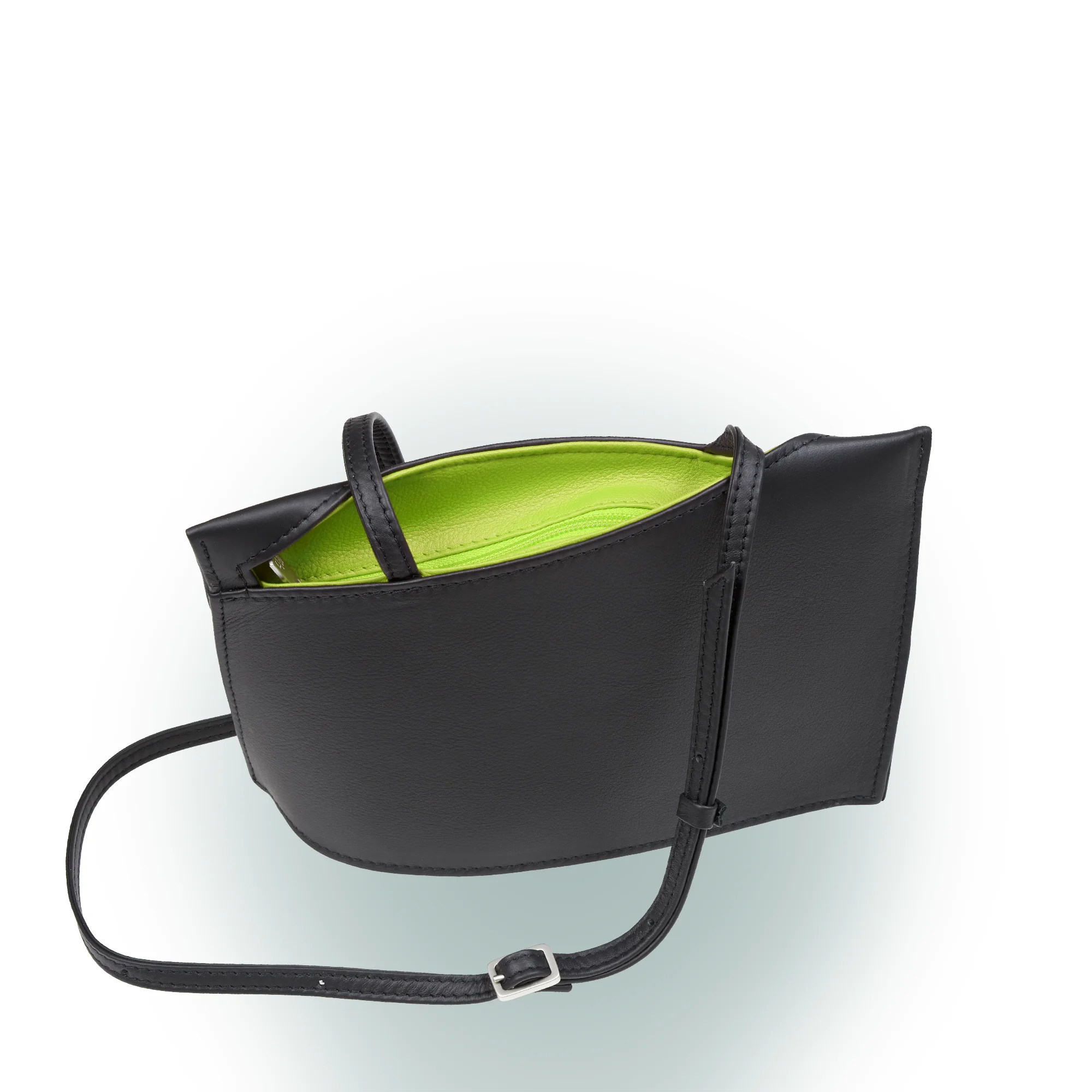 Olbrish Handtasche Wave, Nappaleder Schwarz-Apfelgrün, Größe S, Vorderwand mit Trageriemen