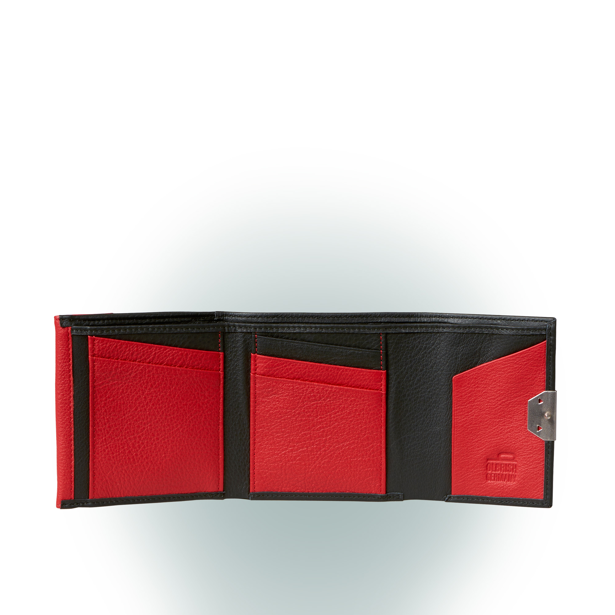 Olbrish Portemonnaie Quadrat, Nappaleder Schwarz-Rot, Offene Ansicht